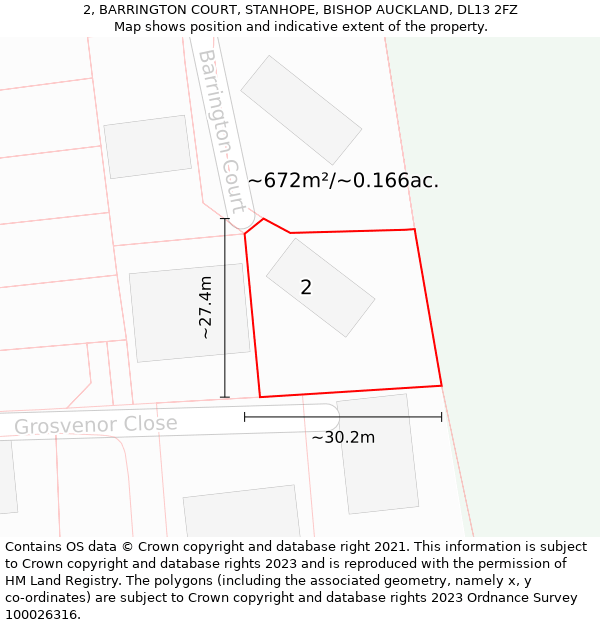 2, BARRINGTON COURT, STANHOPE, BISHOP AUCKLAND, DL13 2FZ: Plot and title map