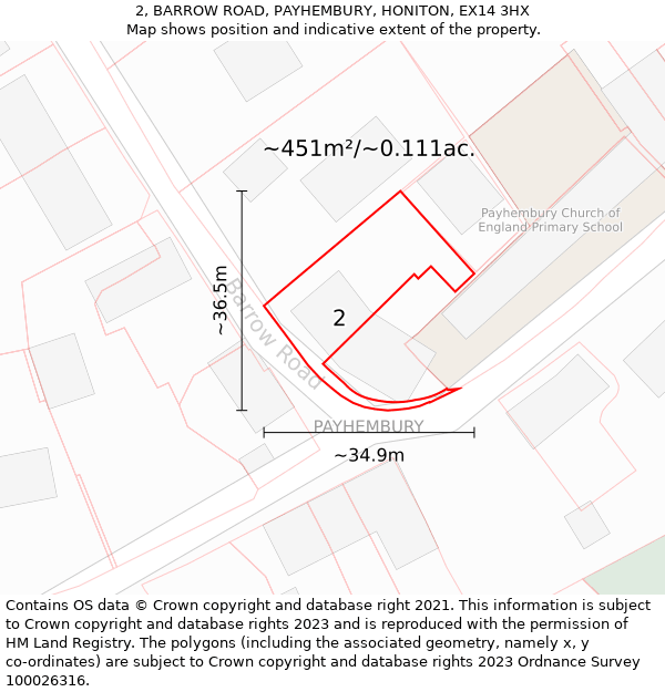 2, BARROW ROAD, PAYHEMBURY, HONITON, EX14 3HX: Plot and title map