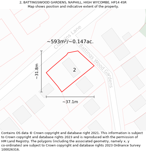 2, BATTINGSWOOD GARDENS, NAPHILL, HIGH WYCOMBE, HP14 4SR: Plot and title map