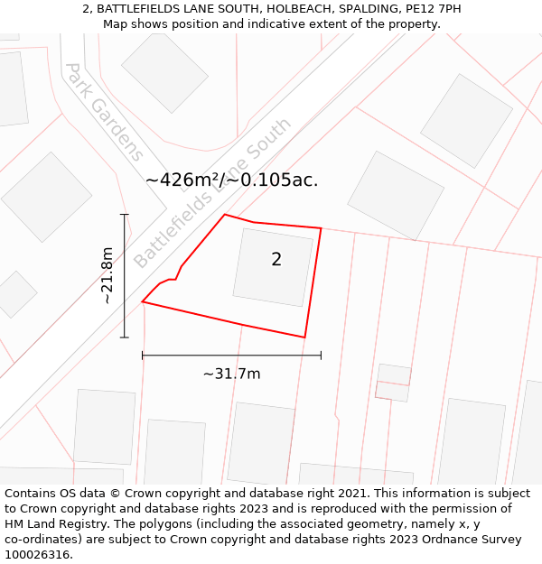 2, BATTLEFIELDS LANE SOUTH, HOLBEACH, SPALDING, PE12 7PH: Plot and title map