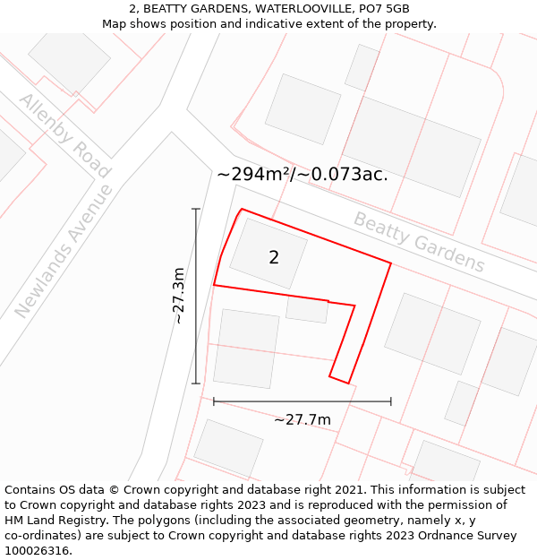 2, BEATTY GARDENS, WATERLOOVILLE, PO7 5GB: Plot and title map
