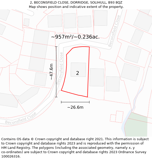 2, BECONSFIELD CLOSE, DORRIDGE, SOLIHULL, B93 8QZ: Plot and title map