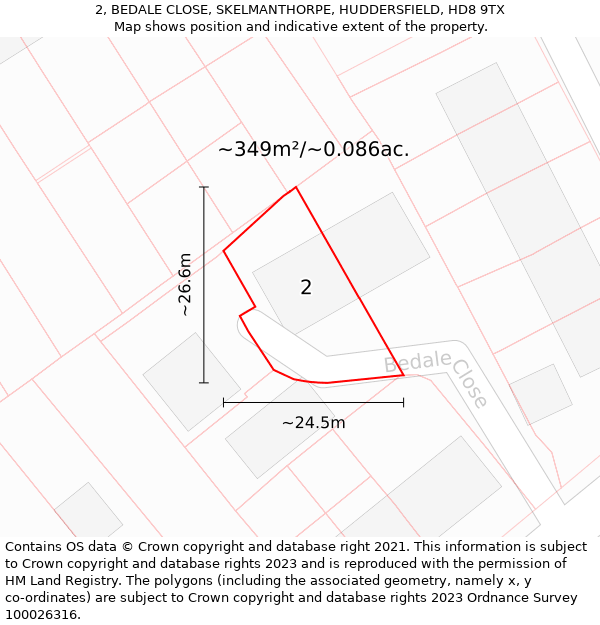 2, BEDALE CLOSE, SKELMANTHORPE, HUDDERSFIELD, HD8 9TX: Plot and title map