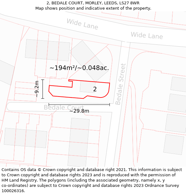 2, BEDALE COURT, MORLEY, LEEDS, LS27 8WR: Plot and title map