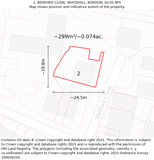 2, BEDFORD CLOSE, WHITEHILL, BORDON, GU35 9PS: Plot and title map