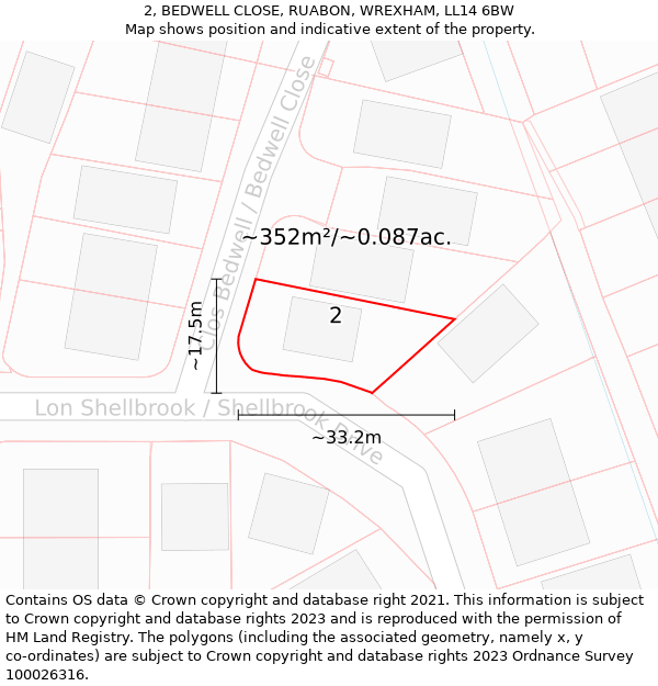 2, BEDWELL CLOSE, RUABON, WREXHAM, LL14 6BW: Plot and title map