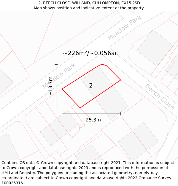 2, BEECH CLOSE, WILLAND, CULLOMPTON, EX15 2SD: Plot and title map