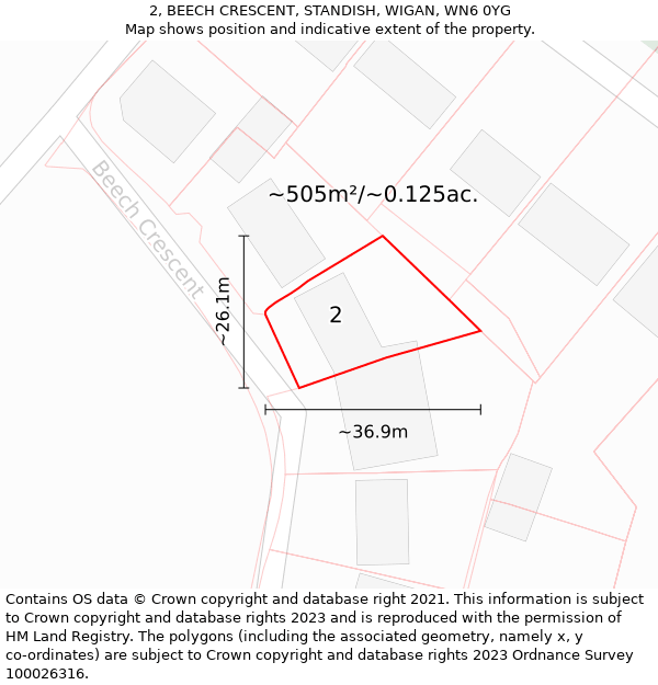 2, BEECH CRESCENT, STANDISH, WIGAN, WN6 0YG: Plot and title map