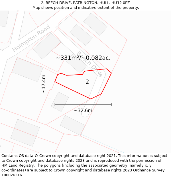 2, BEECH DRIVE, PATRINGTON, HULL, HU12 0PZ: Plot and title map