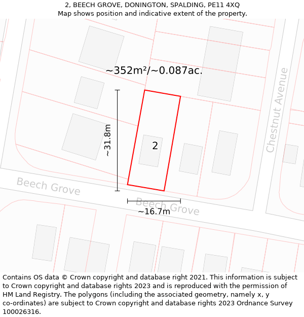 2, BEECH GROVE, DONINGTON, SPALDING, PE11 4XQ: Plot and title map