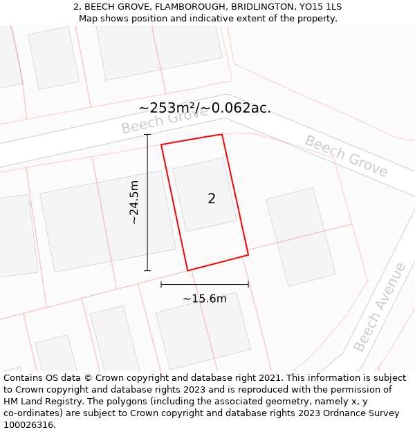 2, BEECH GROVE, FLAMBOROUGH, BRIDLINGTON, YO15 1LS: Plot and title map