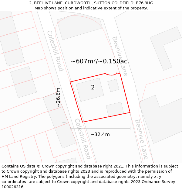 2, BEEHIVE LANE, CURDWORTH, SUTTON COLDFIELD, B76 9HG: Plot and title map