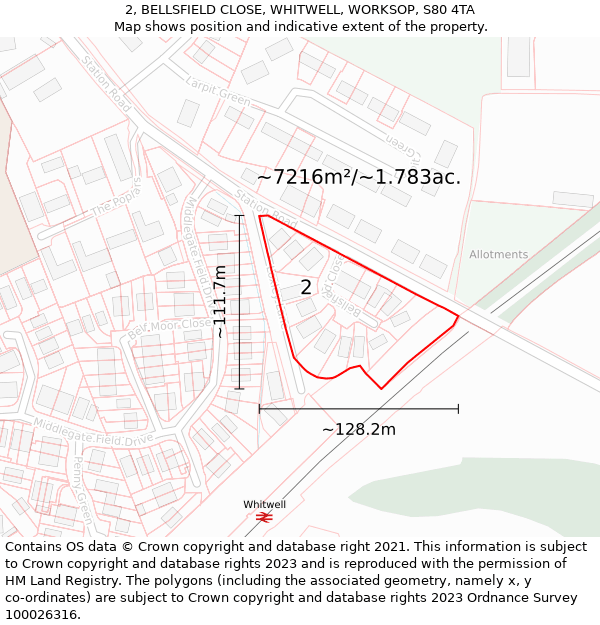 2, BELLSFIELD CLOSE, WHITWELL, WORKSOP, S80 4TA: Plot and title map