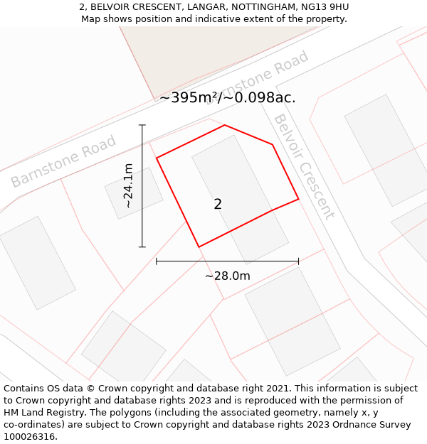 2, BELVOIR CRESCENT, LANGAR, NOTTINGHAM, NG13 9HU: Plot and title map