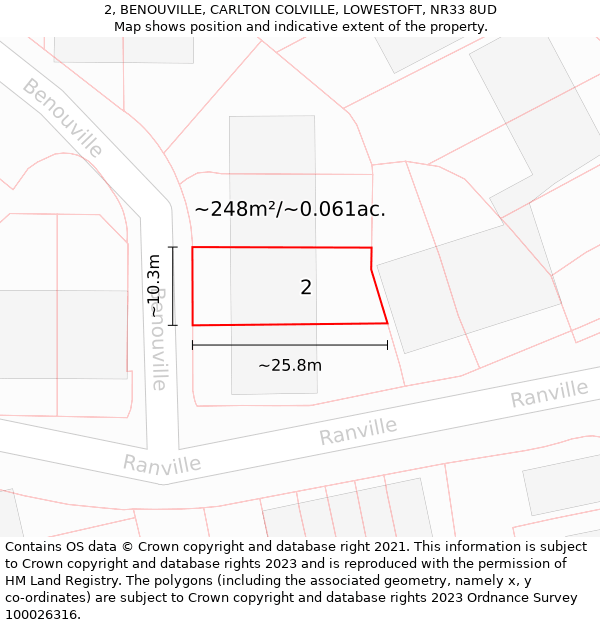 2, BENOUVILLE, CARLTON COLVILLE, LOWESTOFT, NR33 8UD: Plot and title map