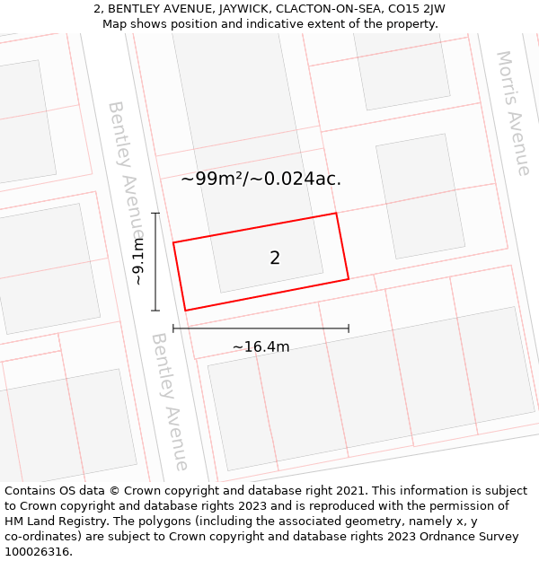 2, BENTLEY AVENUE, JAYWICK, CLACTON-ON-SEA, CO15 2JW: Plot and title map
