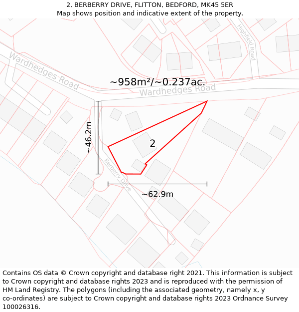 2, BERBERRY DRIVE, FLITTON, BEDFORD, MK45 5ER: Plot and title map