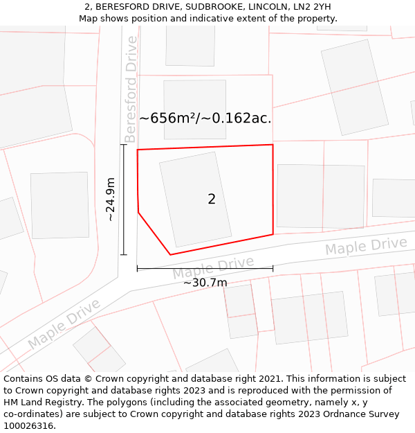 2, BERESFORD DRIVE, SUDBROOKE, LINCOLN, LN2 2YH: Plot and title map
