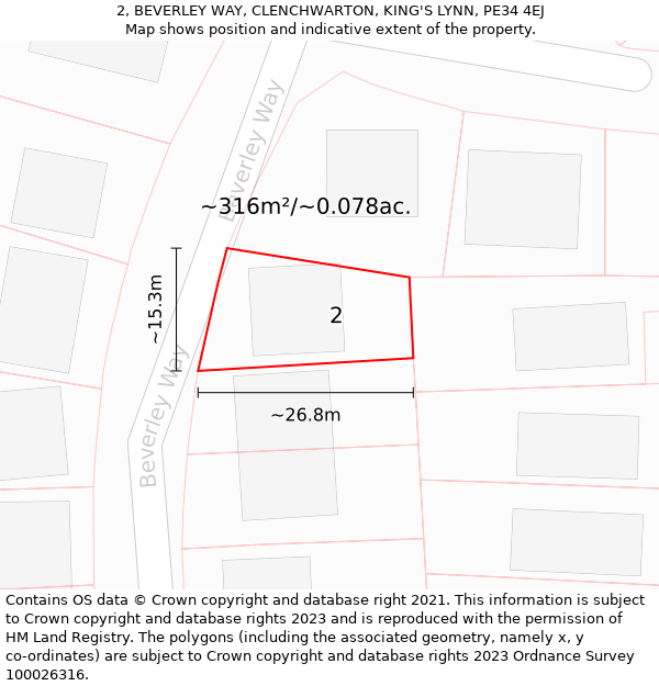 2, BEVERLEY WAY, CLENCHWARTON, KING'S LYNN, PE34 4EJ: Plot and title map