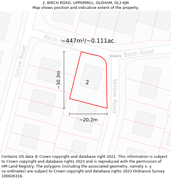 2, BIRCH ROAD, UPPERMILL, OLDHAM, OL3 6JN: Plot and title map