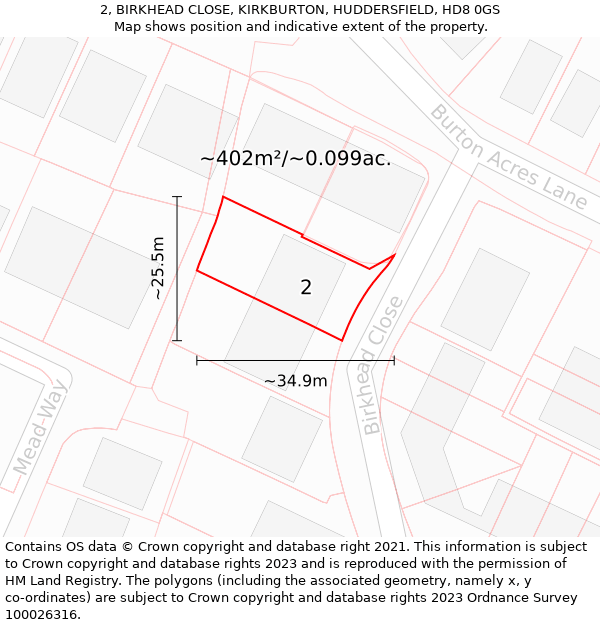 2, BIRKHEAD CLOSE, KIRKBURTON, HUDDERSFIELD, HD8 0GS: Plot and title map