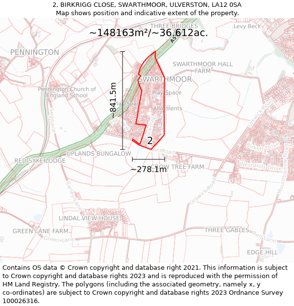 2, BIRKRIGG CLOSE, SWARTHMOOR, ULVERSTON, LA12 0SA: Plot and title map