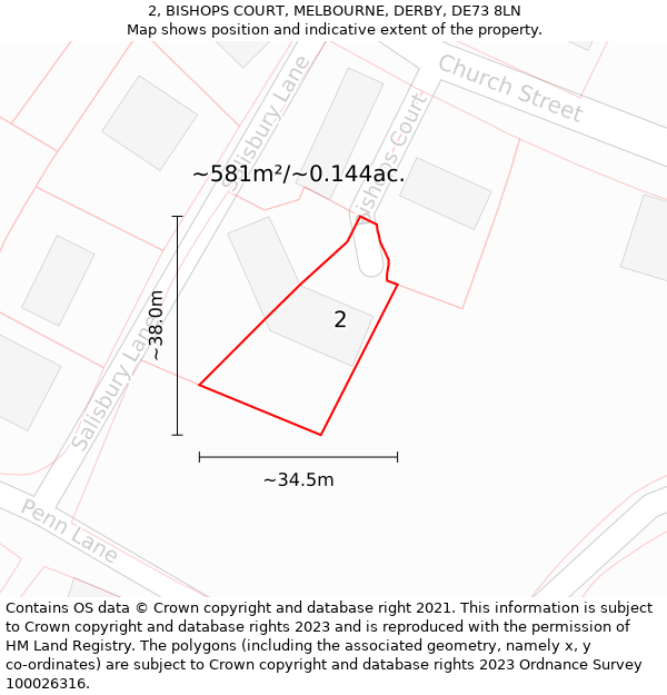 2, BISHOPS COURT, MELBOURNE, DERBY, DE73 8LN: Plot and title map