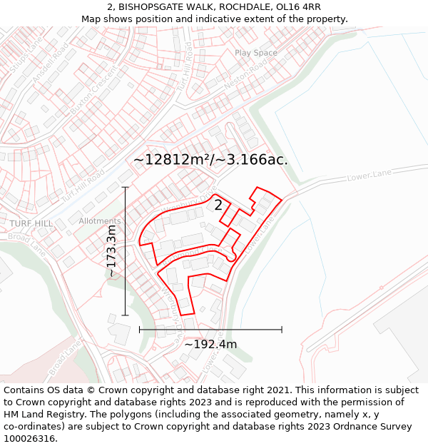 2, BISHOPSGATE WALK, ROCHDALE, OL16 4RR: Plot and title map