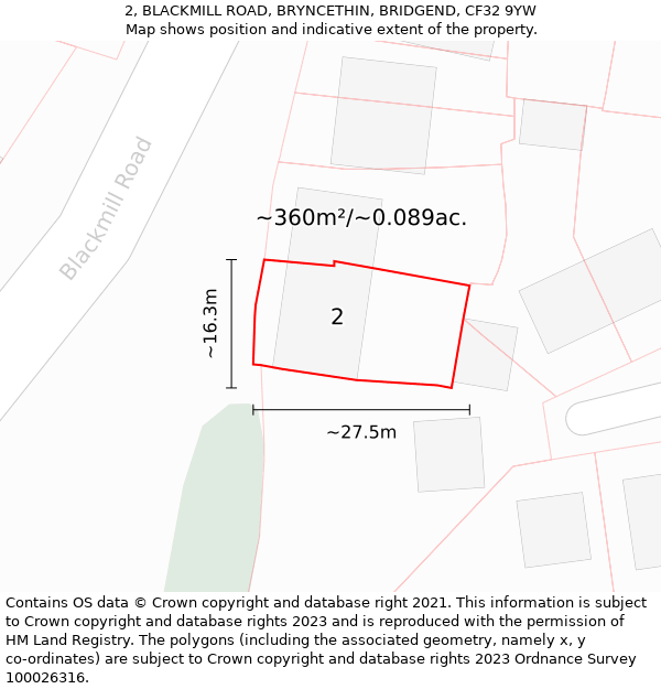 2, BLACKMILL ROAD, BRYNCETHIN, BRIDGEND, CF32 9YW: Plot and title map