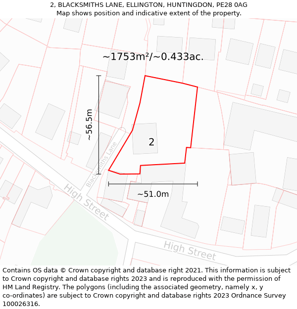 2, BLACKSMITHS LANE, ELLINGTON, HUNTINGDON, PE28 0AG: Plot and title map