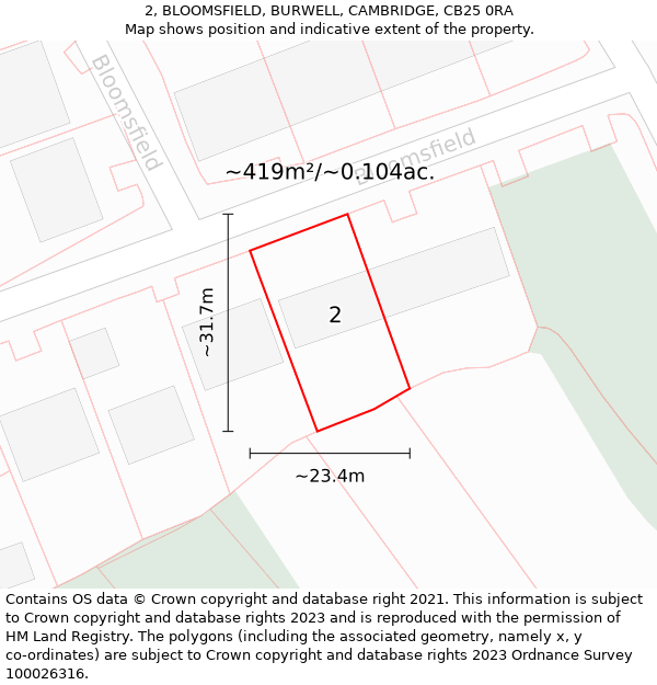 2, BLOOMSFIELD, BURWELL, CAMBRIDGE, CB25 0RA: Plot and title map