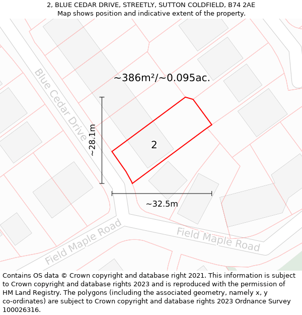 2, BLUE CEDAR DRIVE, STREETLY, SUTTON COLDFIELD, B74 2AE: Plot and title map