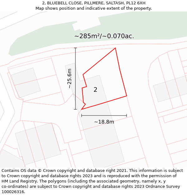 2, BLUEBELL CLOSE, PILLMERE, SALTASH, PL12 6XH: Plot and title map