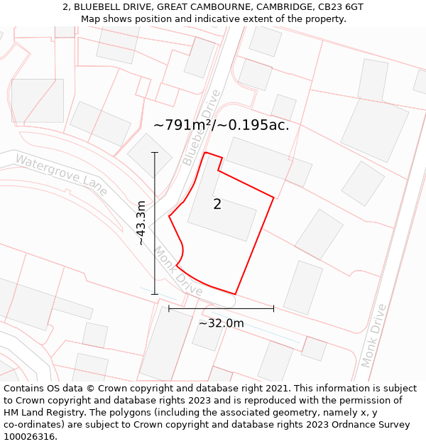 2, BLUEBELL DRIVE, GREAT CAMBOURNE, CAMBRIDGE, CB23 6GT: Plot and title map