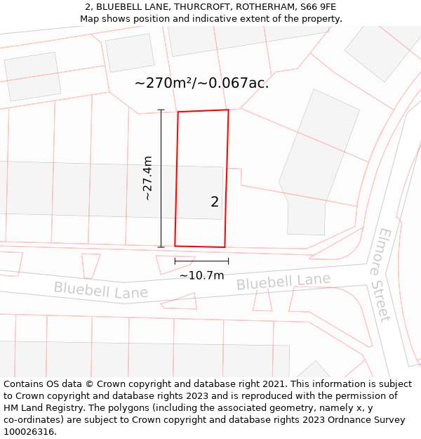 2, BLUEBELL LANE, THURCROFT, ROTHERHAM, S66 9FE: Plot and title map