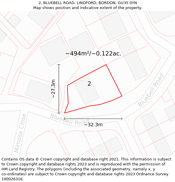 2, BLUEBELL ROAD, LINDFORD, BORDON, GU35 0YN: Plot and title map