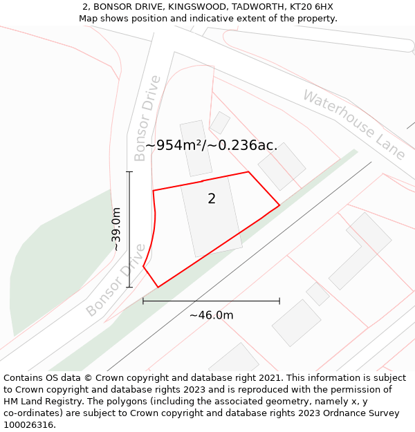 2, BONSOR DRIVE, KINGSWOOD, TADWORTH, KT20 6HX: Plot and title map