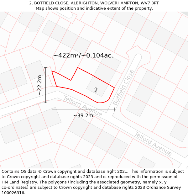 2, BOTFIELD CLOSE, ALBRIGHTON, WOLVERHAMPTON, WV7 3PT: Plot and title map