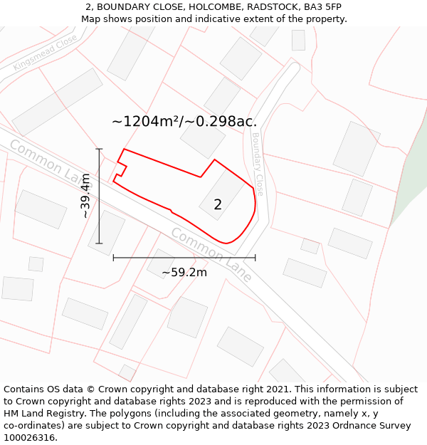 2, BOUNDARY CLOSE, HOLCOMBE, RADSTOCK, BA3 5FP: Plot and title map