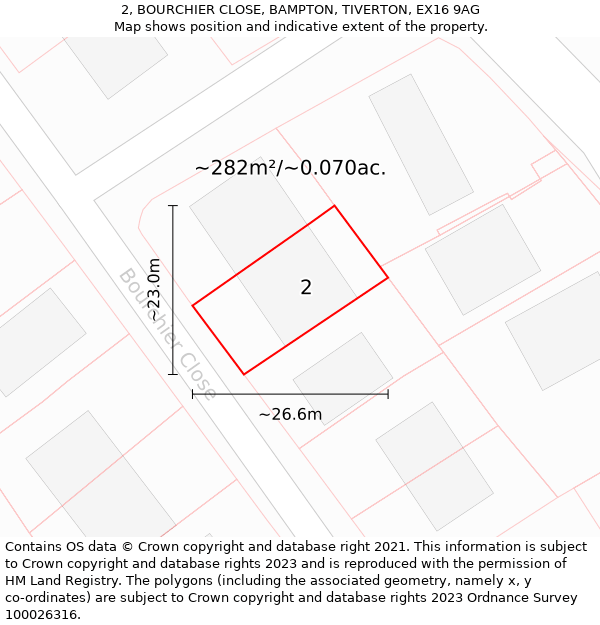 2, BOURCHIER CLOSE, BAMPTON, TIVERTON, EX16 9AG: Plot and title map