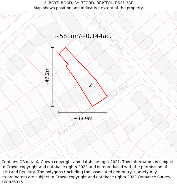 2, BOYD ROAD, SALTFORD, BRISTOL, BS31 3AP: Plot and title map