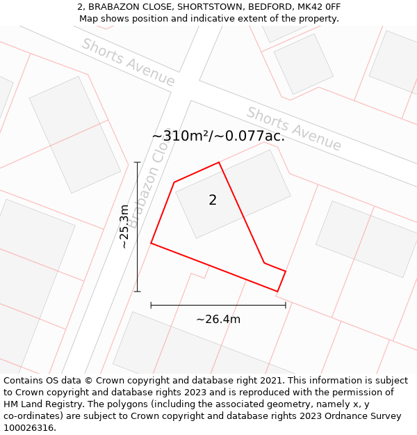 2, BRABAZON CLOSE, SHORTSTOWN, BEDFORD, MK42 0FF: Plot and title map