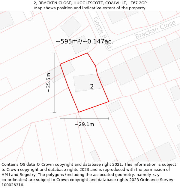 2, BRACKEN CLOSE, HUGGLESCOTE, COALVILLE, LE67 2GP: Plot and title map