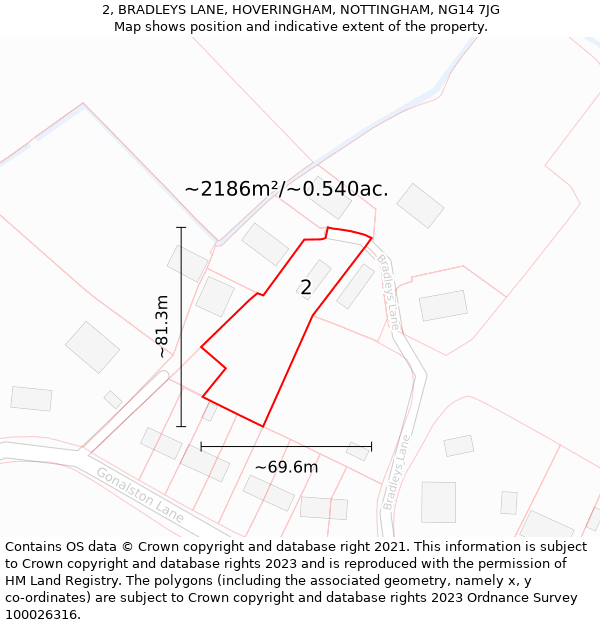 2, BRADLEYS LANE, HOVERINGHAM, NOTTINGHAM, NG14 7JG: Plot and title map