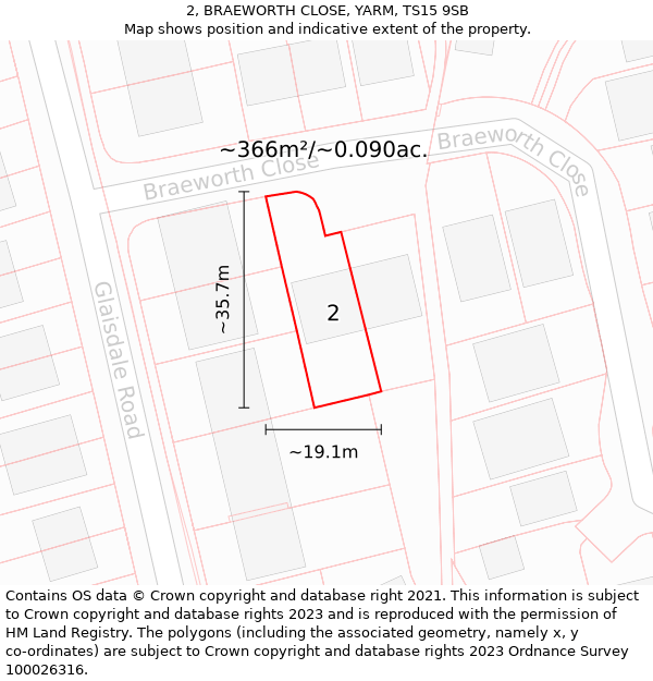 2, BRAEWORTH CLOSE, YARM, TS15 9SB: Plot and title map