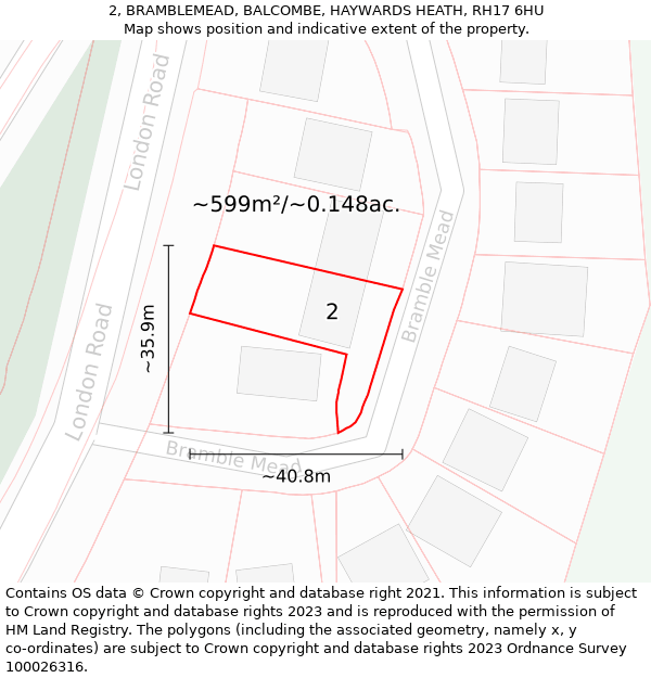 2, BRAMBLEMEAD, BALCOMBE, HAYWARDS HEATH, RH17 6HU: Plot and title map