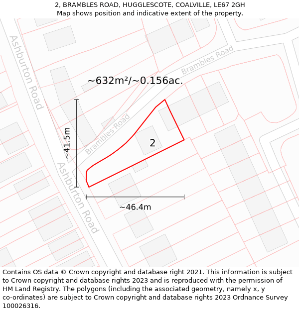 2, BRAMBLES ROAD, HUGGLESCOTE, COALVILLE, LE67 2GH: Plot and title map