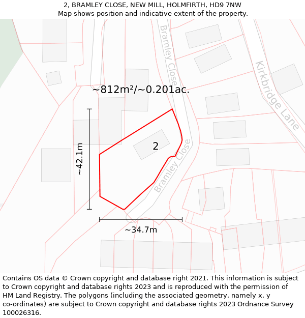 2, BRAMLEY CLOSE, NEW MILL, HOLMFIRTH, HD9 7NW: Plot and title map