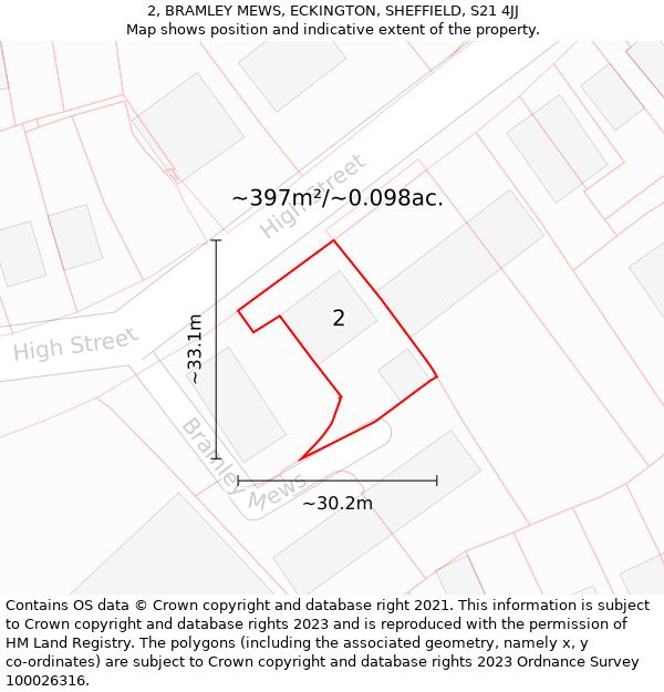 2, BRAMLEY MEWS, ECKINGTON, SHEFFIELD, S21 4JJ: Plot and title map