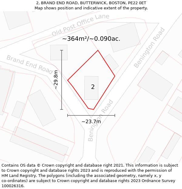 2, BRAND END ROAD, BUTTERWICK, BOSTON, PE22 0ET: Plot and title map